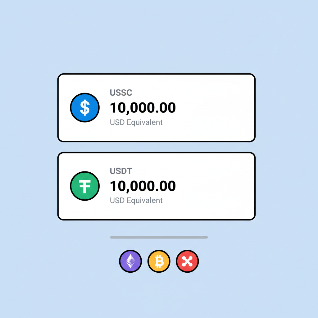 wallet balances showing equal USDC and USDT amounts, crypto tokens icons