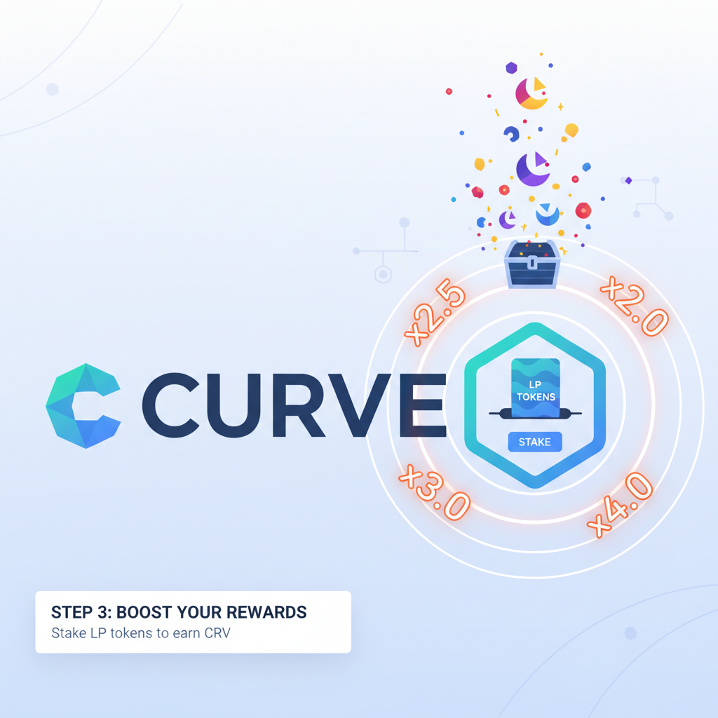 staking LP tokens in Curve gauge, boost multipliers glowing, reward icons CRV exploding