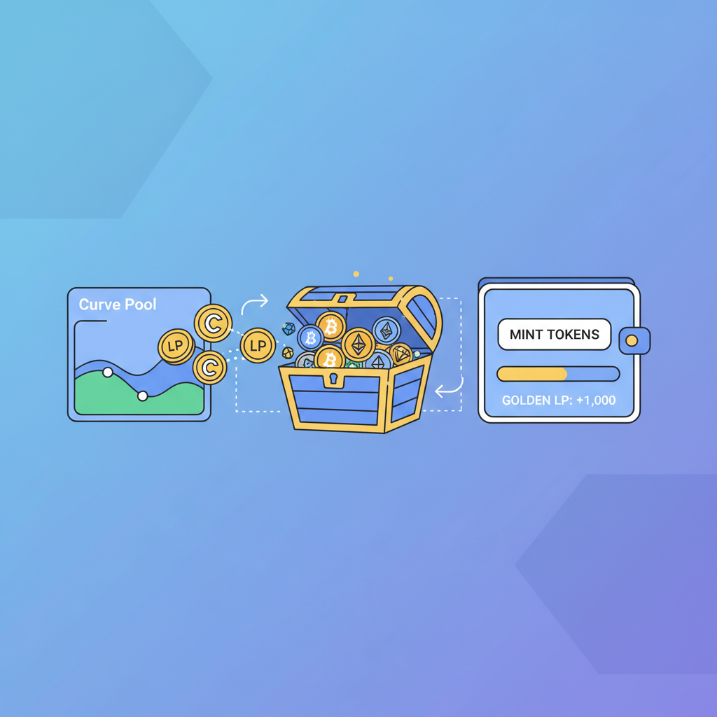 golden LP tokens minting from Curve pool, DeFi wallet interface glowing, treasure chest overflowing with crypto