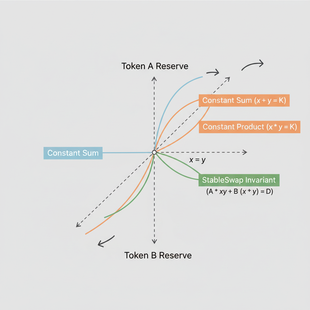 clean diagram of Curve StableSwap invariant formula math graph with constant sum and product curves overlapping near peg
