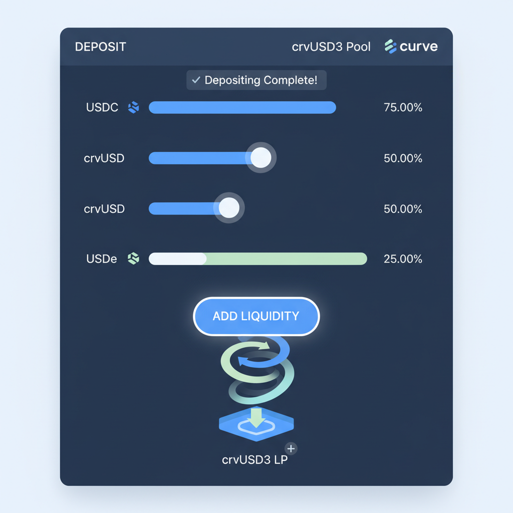 Curve deposit interface for crvUSD3 pool, sliders for USDC crvUSD USDe, liquidity adding animation